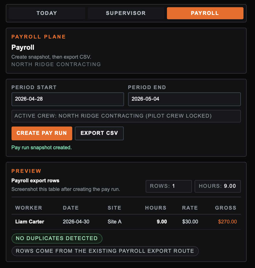 CrewLedger payroll export screenshot