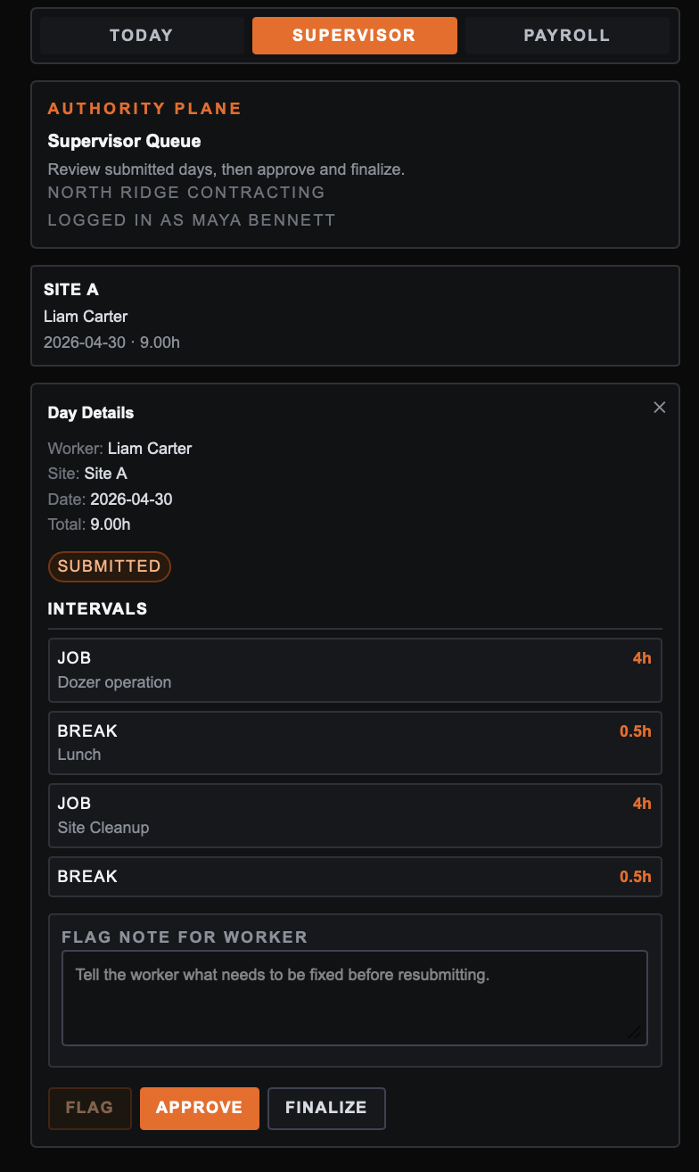 CrewLedger supervisor queue screenshot