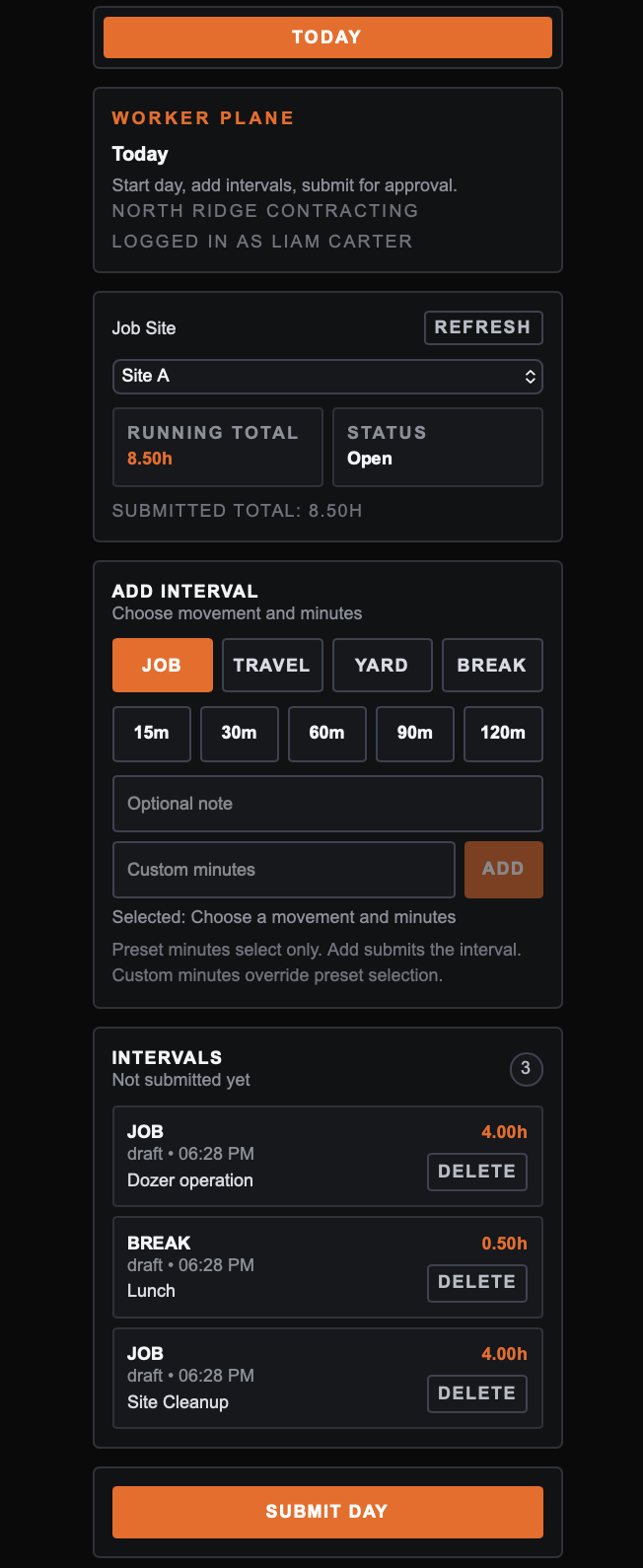CrewLedger worker today view screenshot